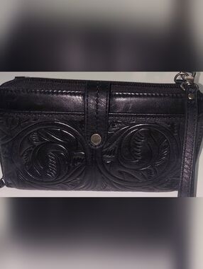 The SAC Black Embossed Leather Wristlet Crossbody - Women Bags